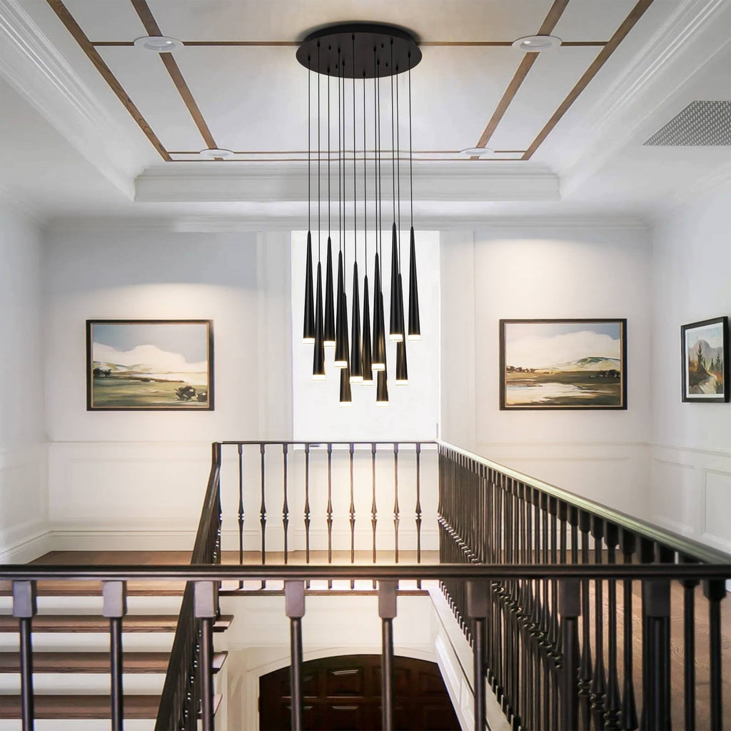 Contemporary Black LED Pendant Light for Stairwell above an open landing with black railings