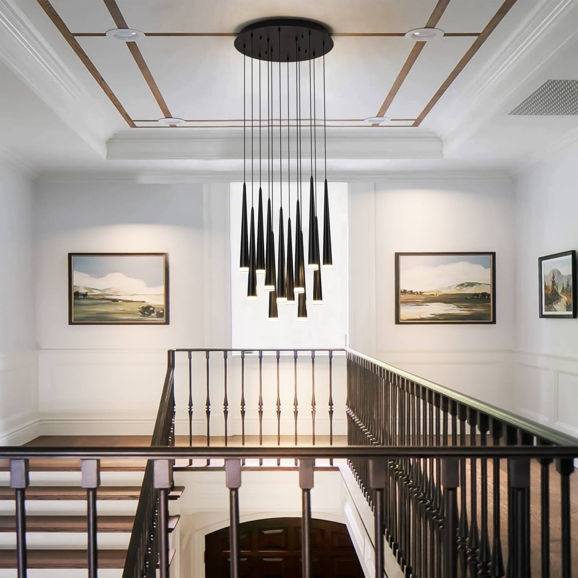 Contemporary Black LED Pendant Light for Stairwell above an open landing with black railings