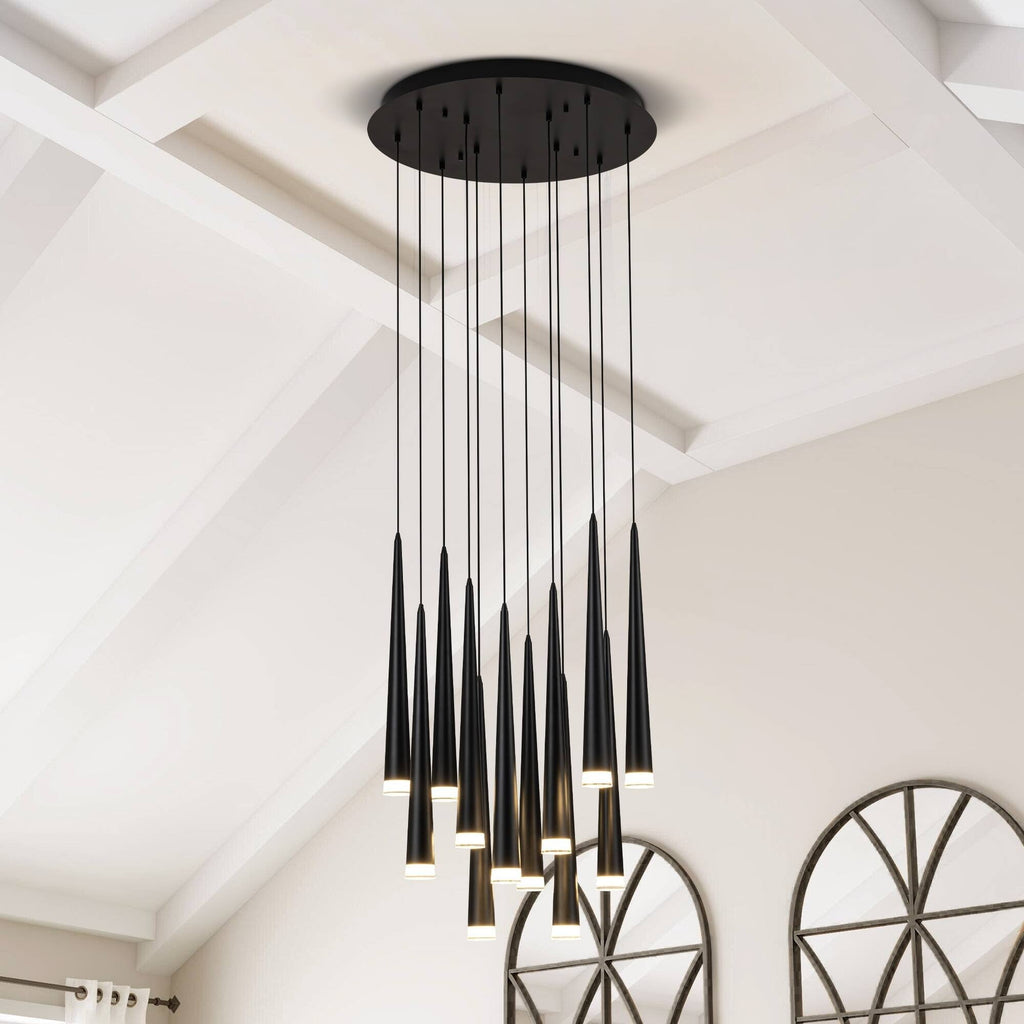 Contemporary Black LED Pendant Light for Stairwell installed in a bright foyer with black cone pendants