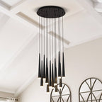 Contemporary Black LED Pendant Light for Stairwell installed in a bright foyer with black cone pendants