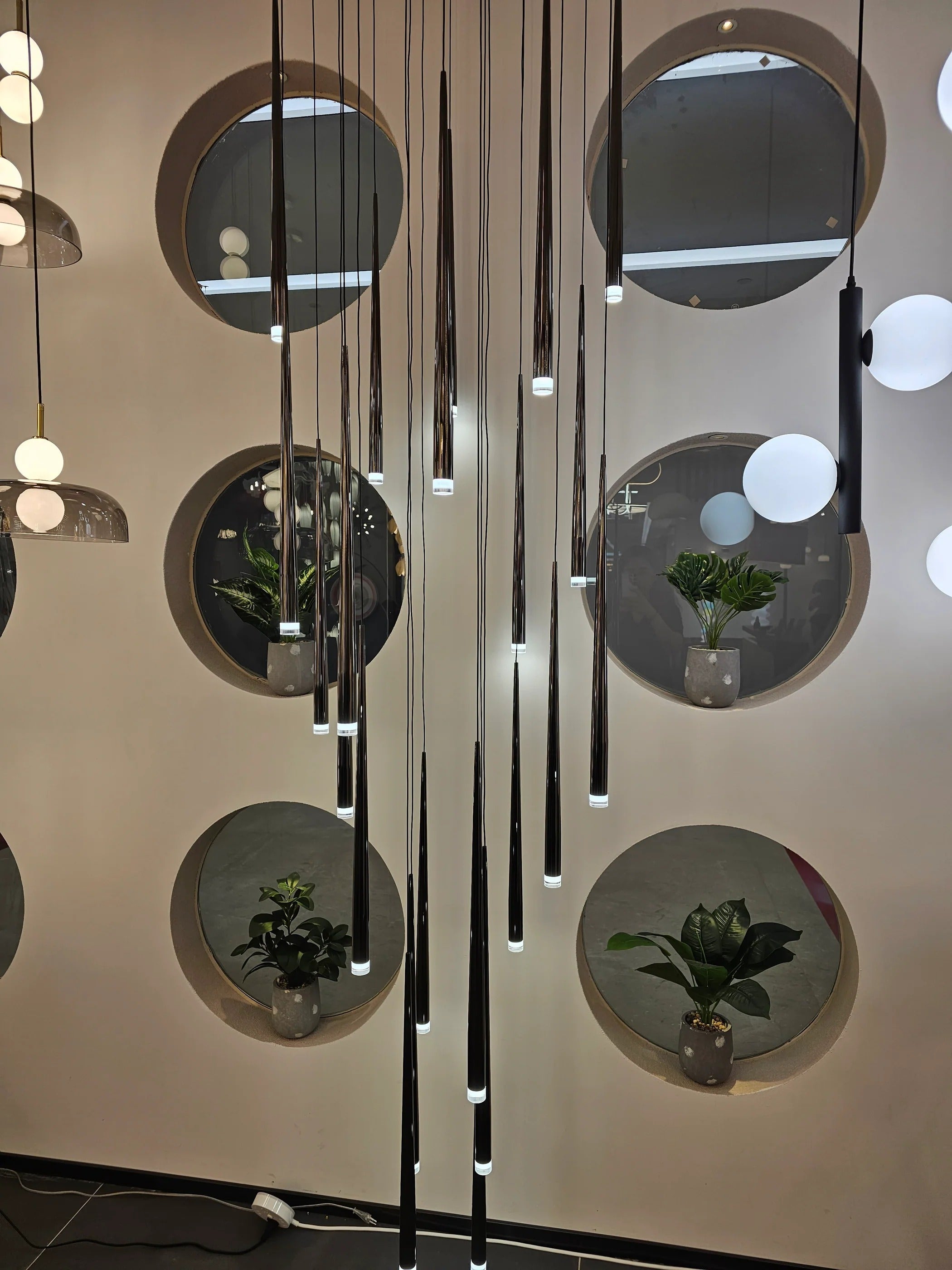 Contemporary Black LED Pendant Light for Stairwell tall staircase installation view