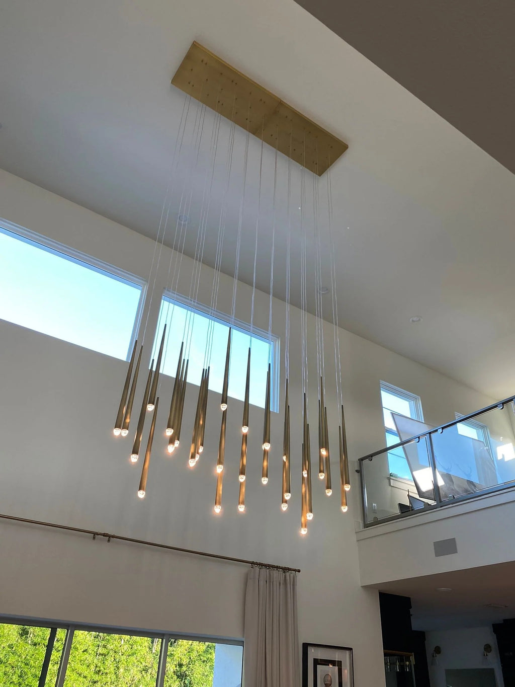 Contemporary Chandelier for High Ceiling Living Room & Foyer brushed brass cone pendant over kitchen island