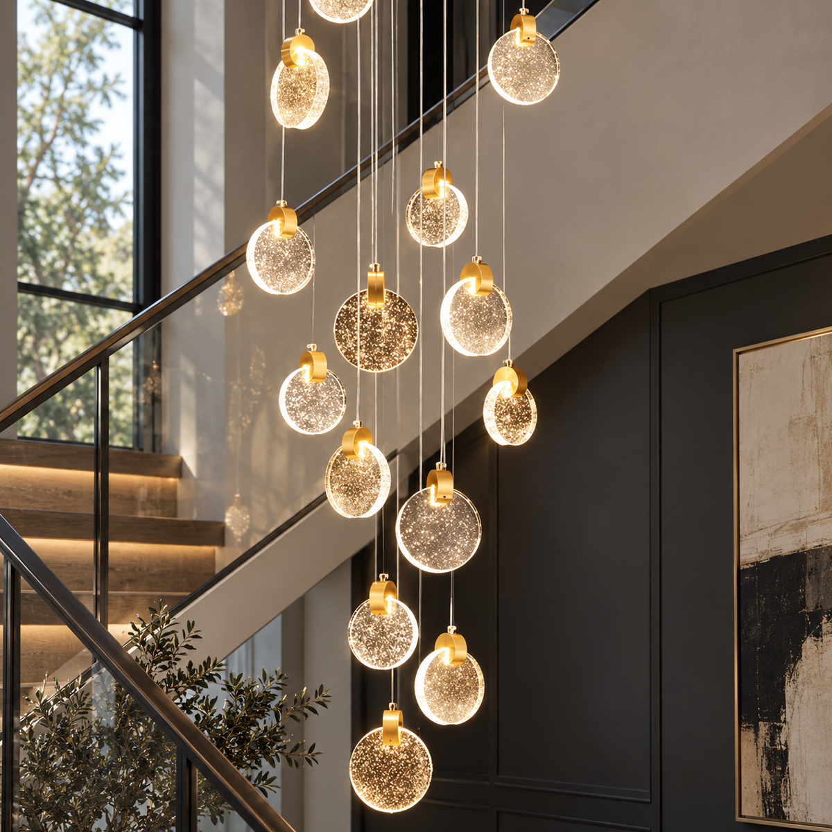 Contemporary LED chandelier with crystal pendant close up detail