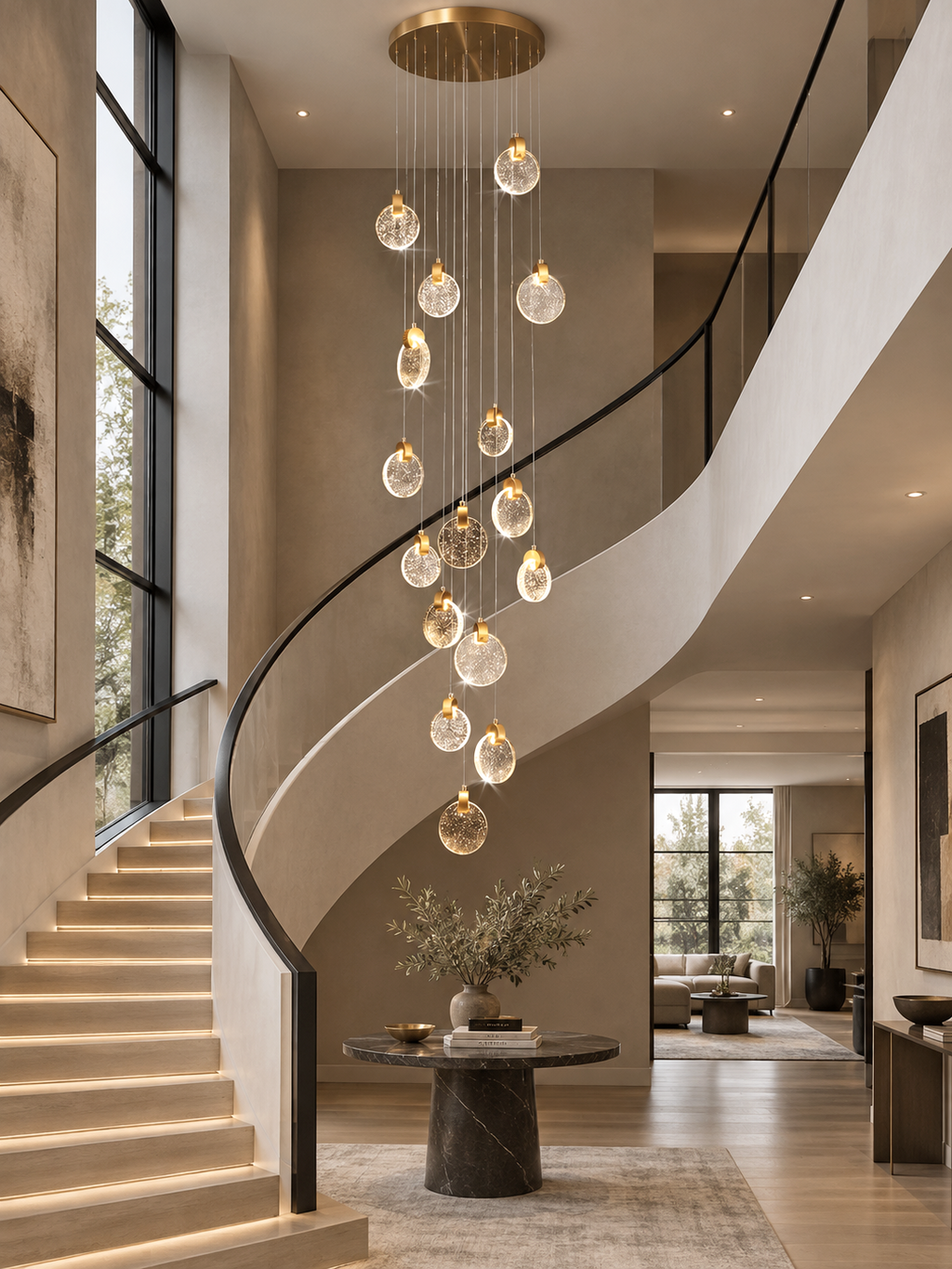 Contemporary LED crystal pendant chandelier with gold canopy in curved staircase
