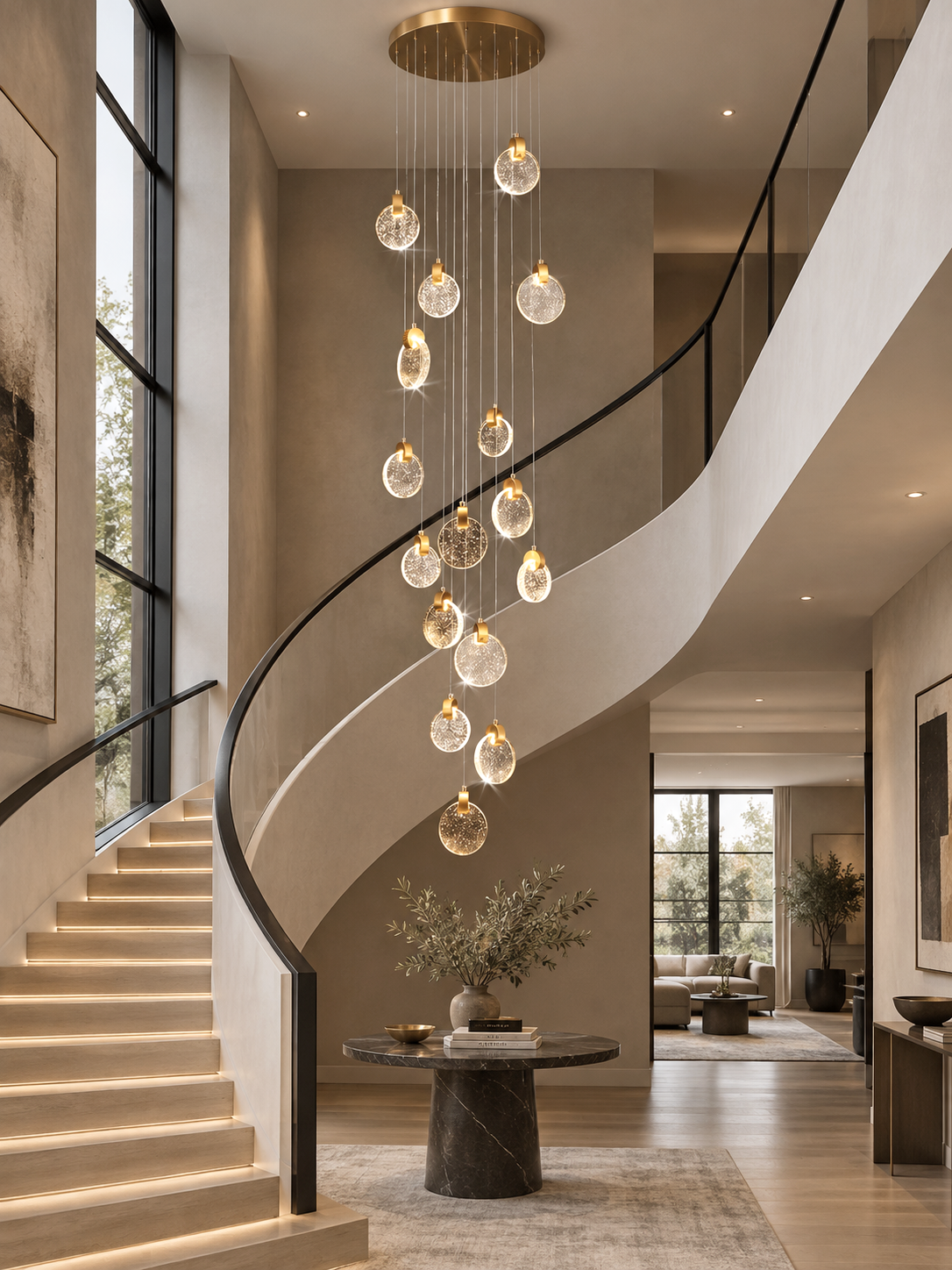 Contemporary LED crystal pendant chandelier with gold canopy in curved staircase