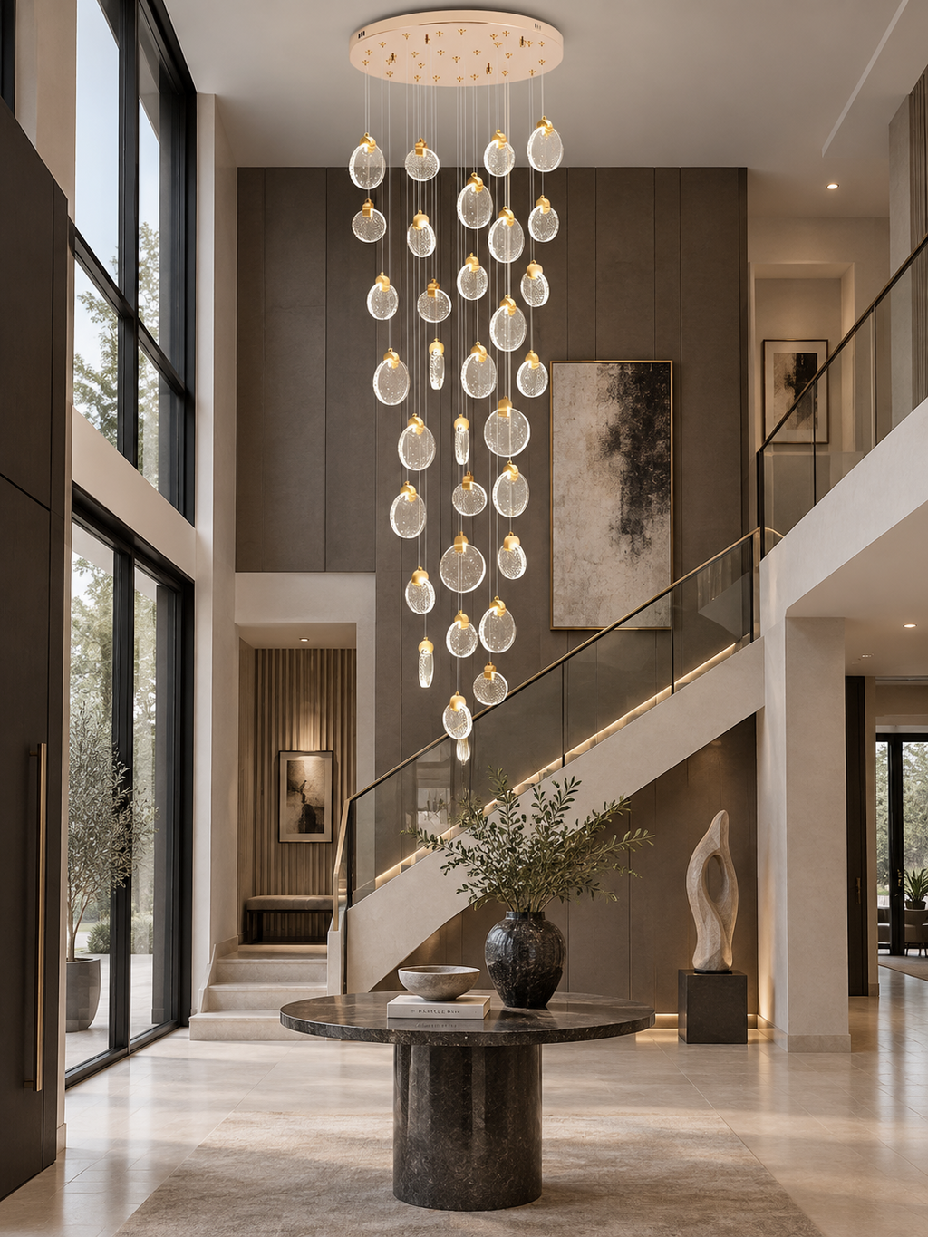 Contemporary LED chandelier with crystal pendants for high ceiling foyer