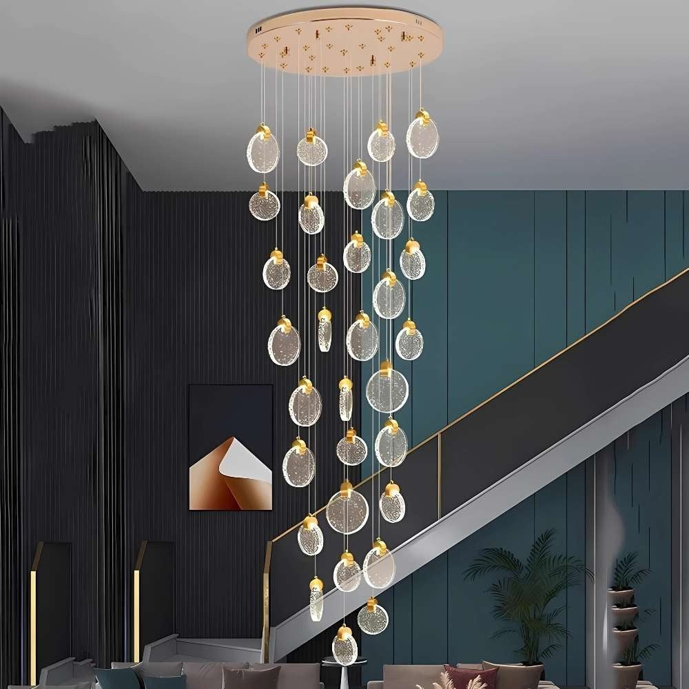 Contemporary LED Chandelier with Crystal Pendant featuring a large round canopy and cascading crystal discs in a stairwell