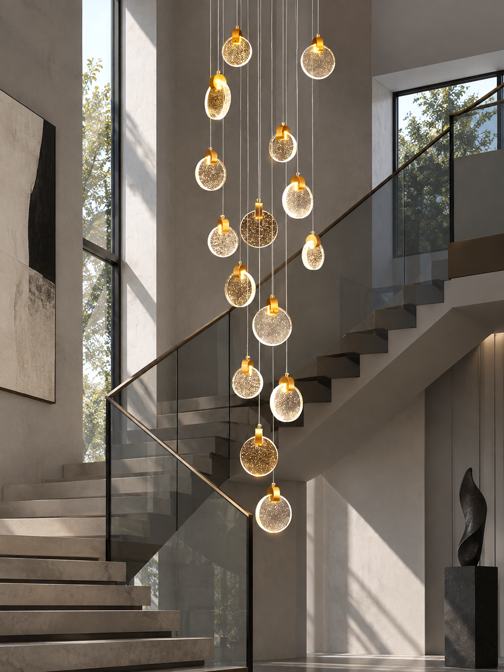 Contemporary LED chandelier with crystal pendant in modern staircase