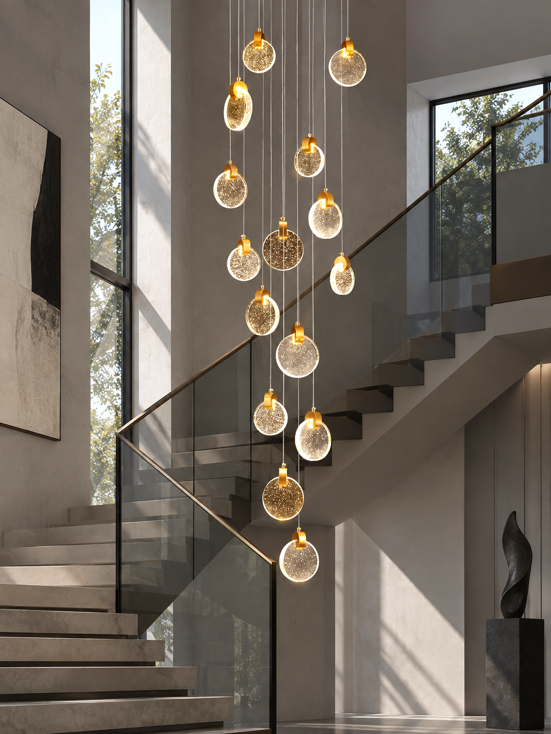 Contemporary LED chandelier with crystal pendant in modern staircase