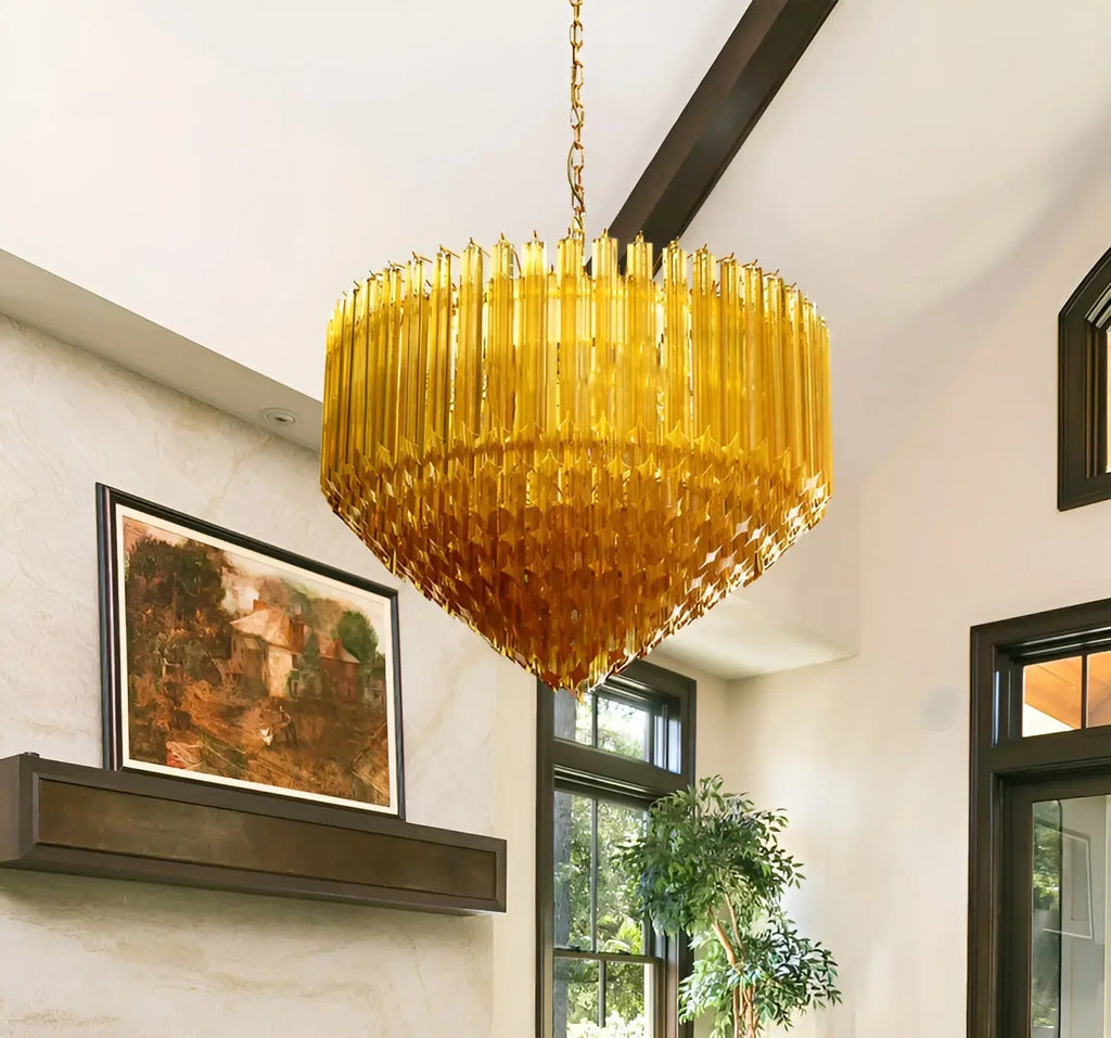 Contemporary Prism Murano Amber Glass Chandelier detail view
