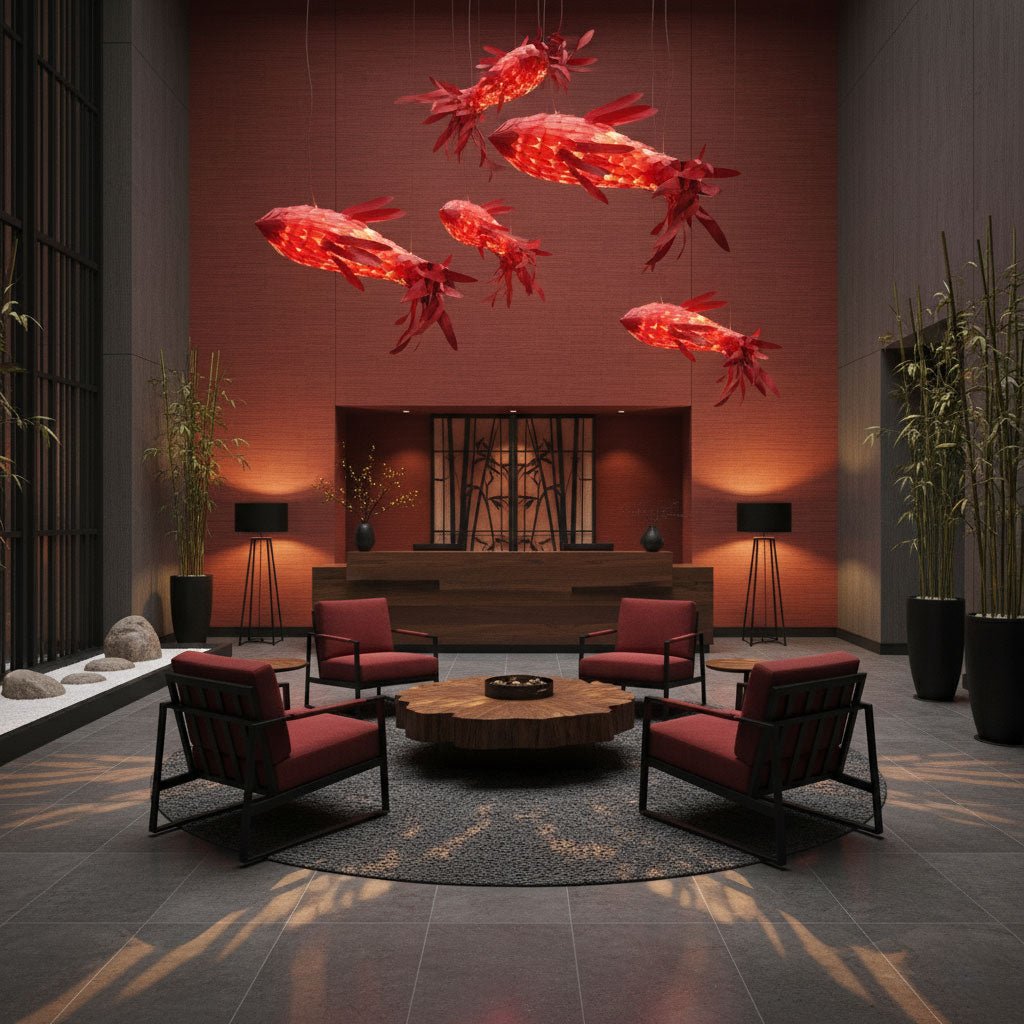 Crimson Swirl Koi Chandelier chandelier in a tall interior