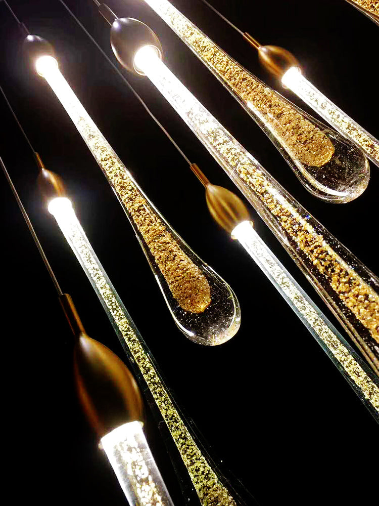 Crystal Raindrop Cascade Chandelier in a high ceiling interior with multiple suspended crystal drops