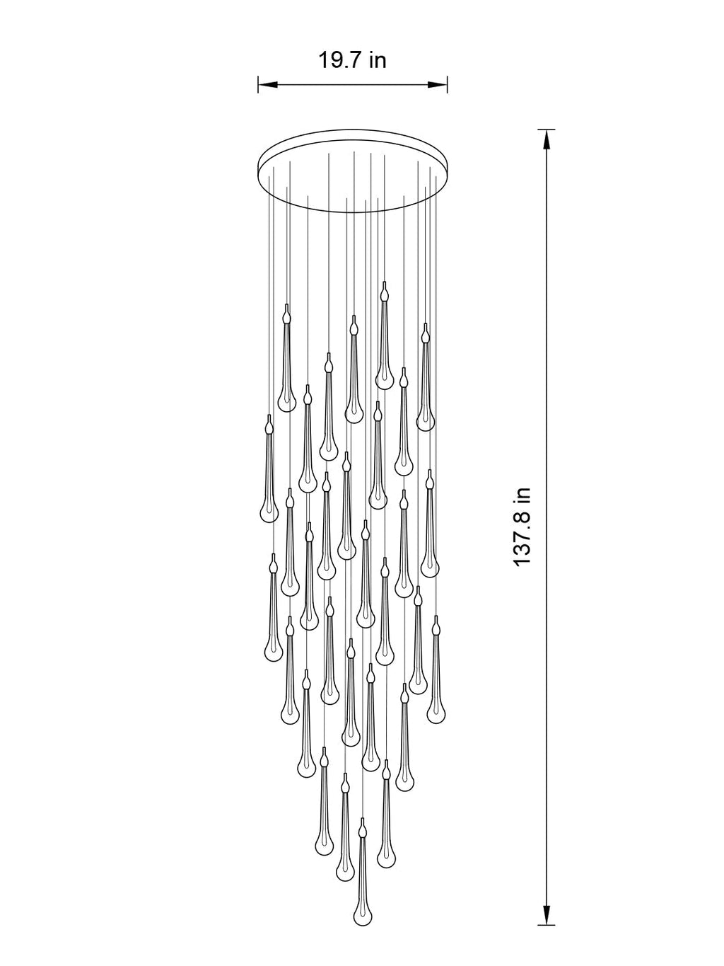 30-light random Crystal Raindrop Cascade Chandelier with staggered illuminated crystal drops