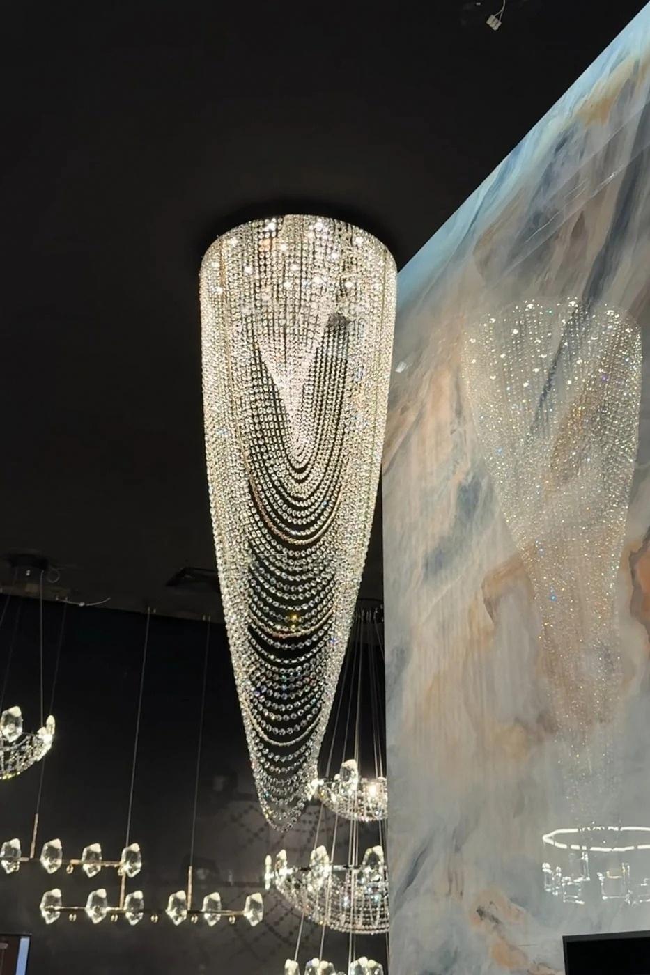 Crystal Tassel Chandelier for Staircase & Foyer flush mounted waterfall crystal chandelier view