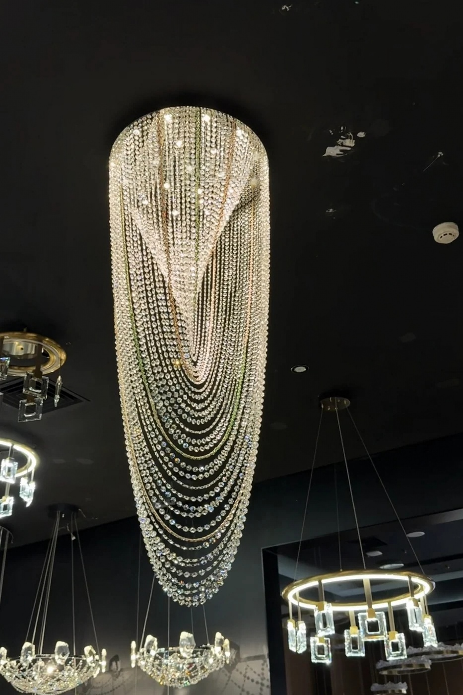 Crystal Tassel Chandelier for Staircase & Foyer close view of flush mounted crystal tassels
