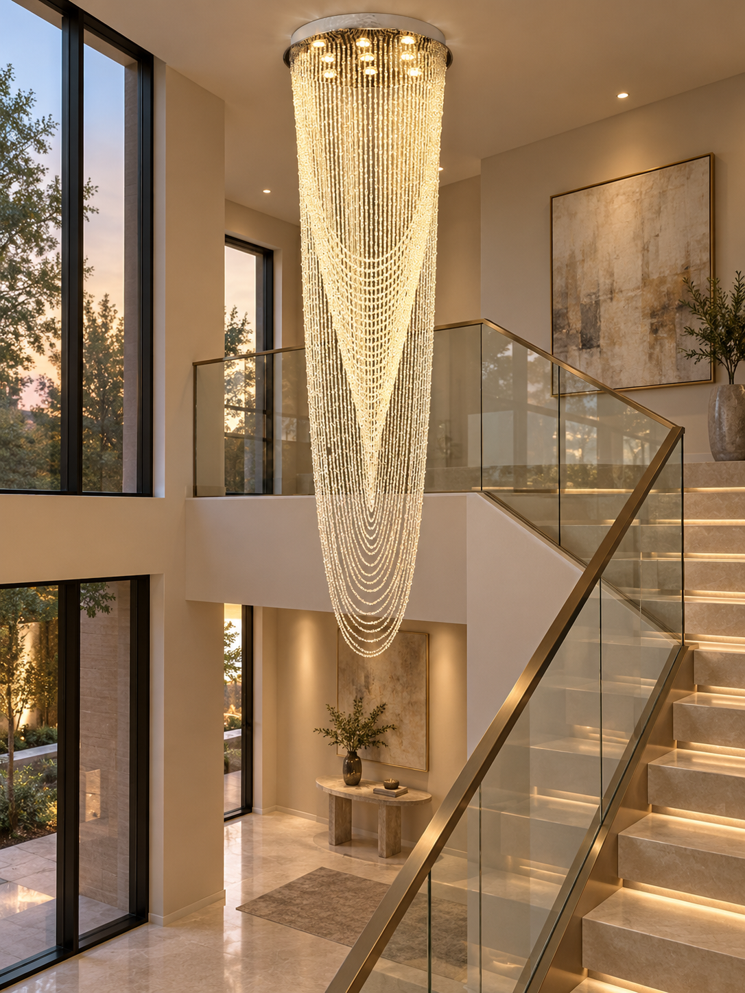 Crystal Tassel Chandelier for Staircase & Foyer installed in a grand entryway with gold crystal tassels