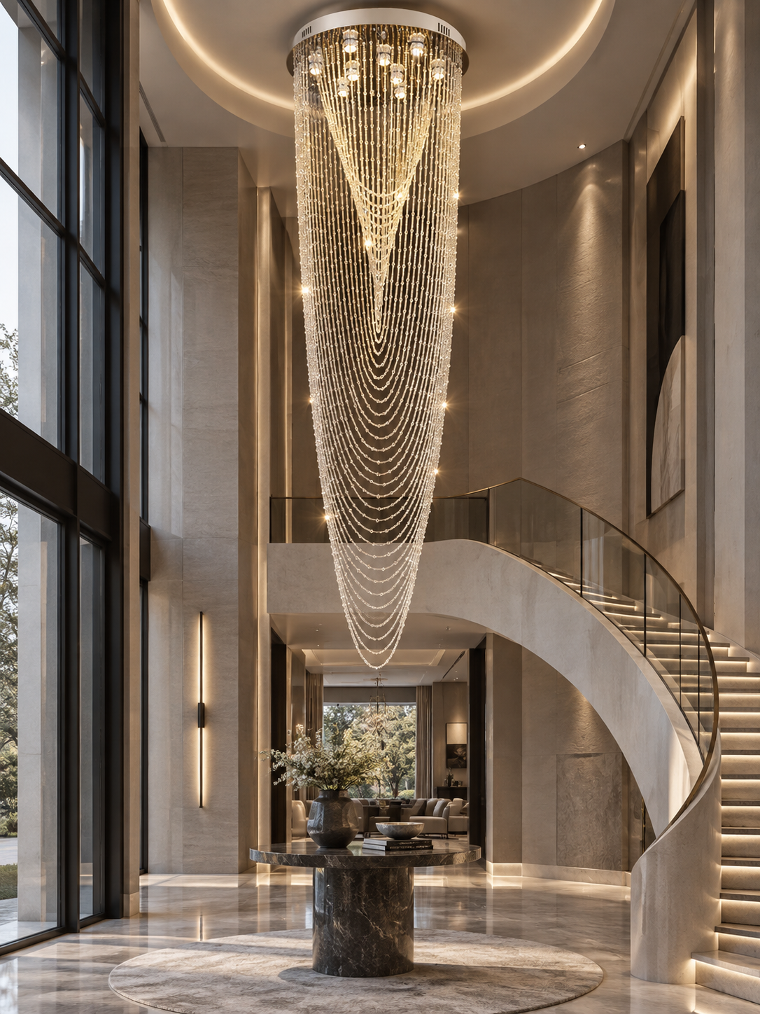 Crystal Tassel Chandelier for Staircase & Foyer in a luxury high-ceiling living room with gold finish