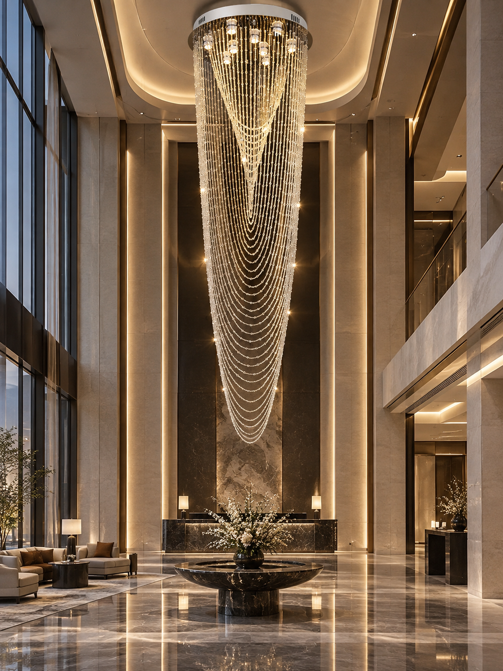 Crystal Tassel Chandelier for Staircase & Foyer in a modern high-ceiling foyer with chrome finish
