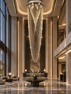 Crystal Tassel Chandelier for Staircase & Foyer in a modern high-ceiling foyer with chrome finish