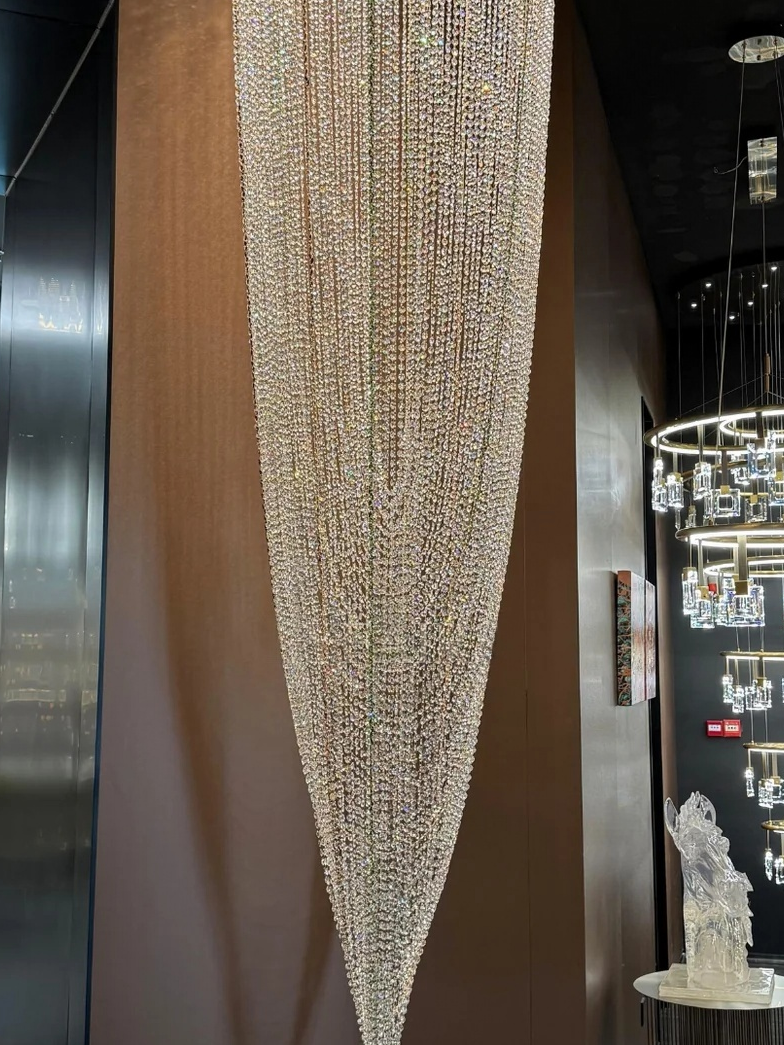 Crystal Tassel Chandelier for Staircase & Foyer waterfall crystal chandelier installation view