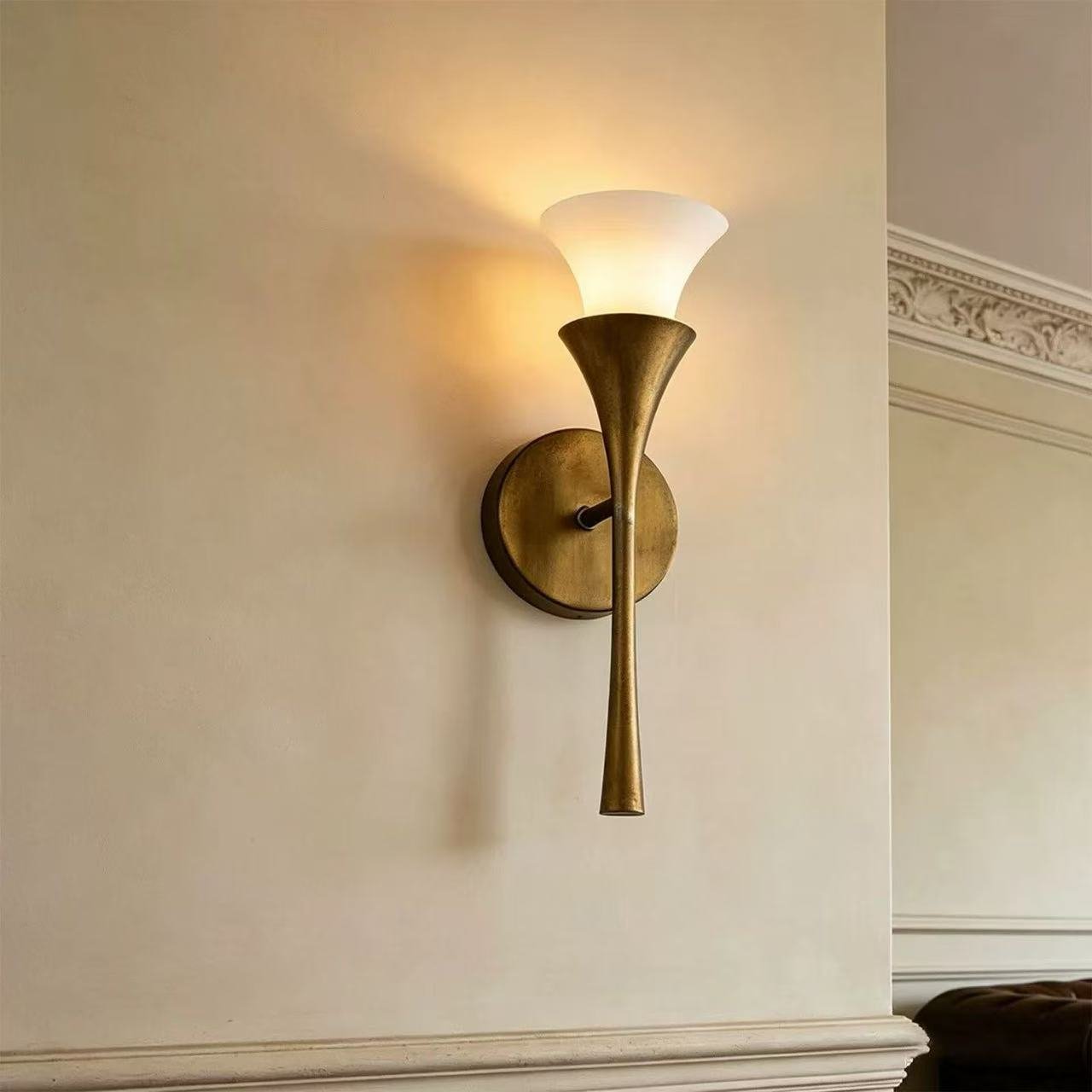 Antique Brass Double Cone Glass Wall Sconce by Bling Lighting Studio