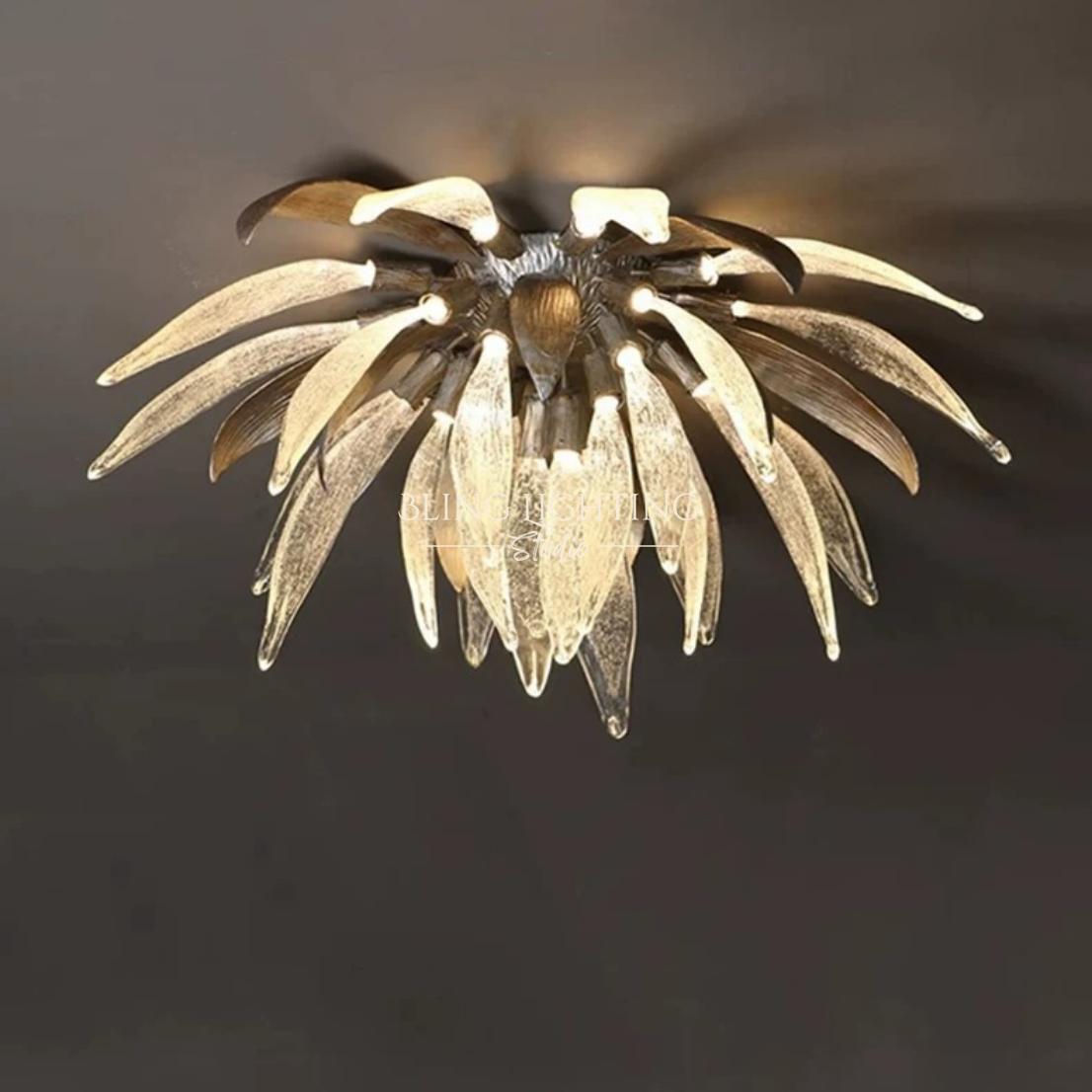 Dandelion flush mount ceiling light lit glass petal detail