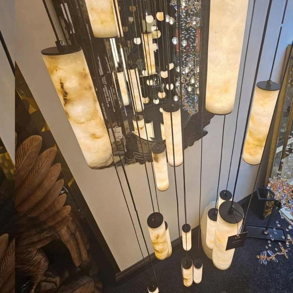 Darlen Alabaster Modern Staircase Chandelier close-up of alabaster tube pendant lights