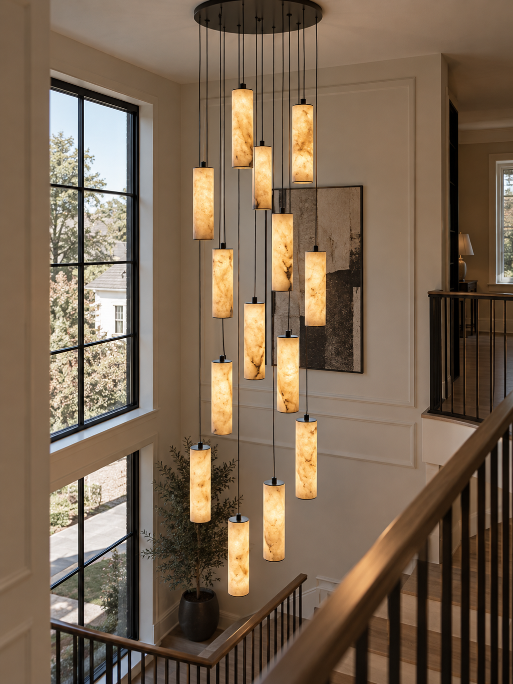 Darlen Alabaster Modern Staircase Chandelier with cascading alabaster tubes for foyer lighting