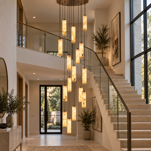 Darlen Alabaster Modern Staircase Chandelier above a grand staircase with cascading tube pendants