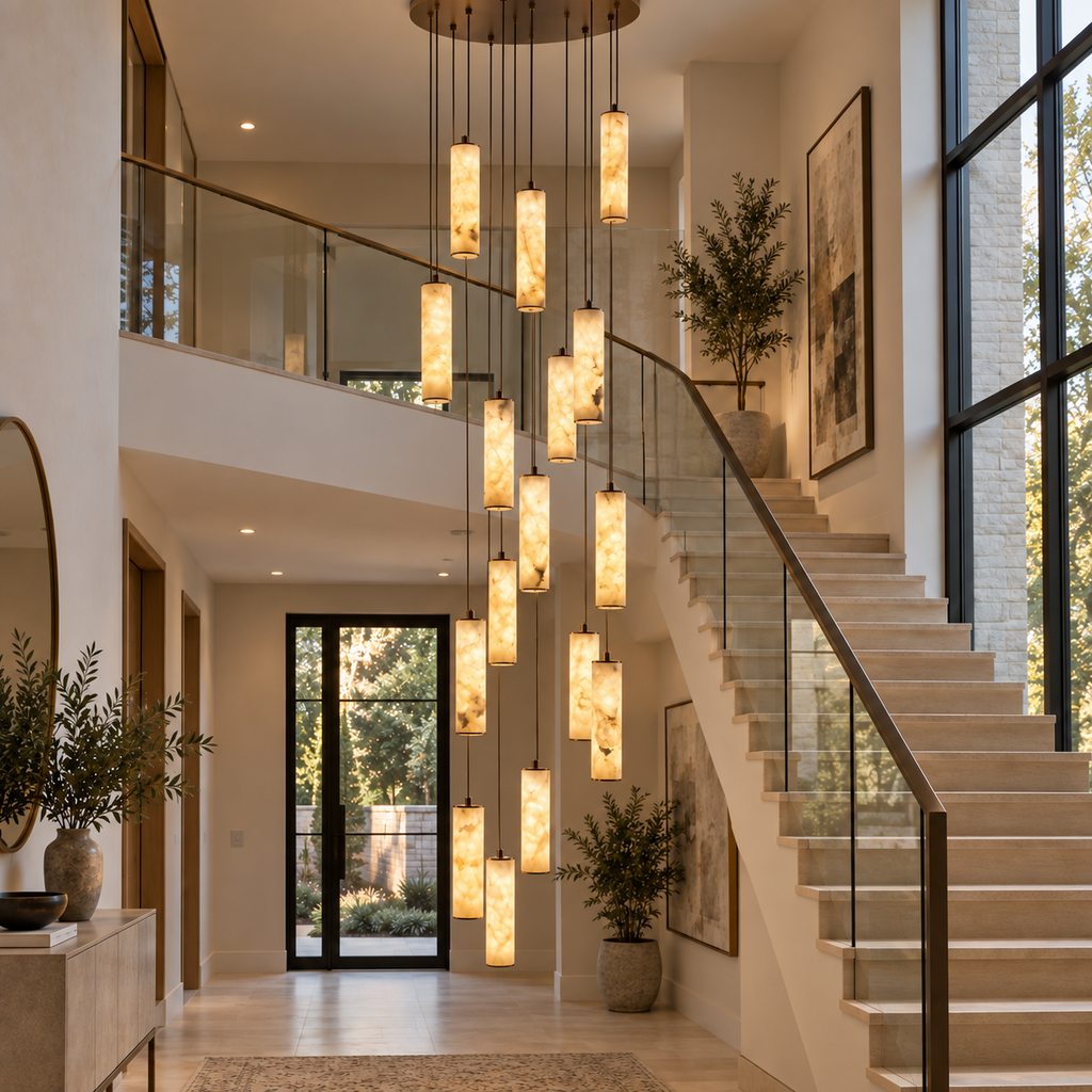 Darlen Alabaster Modern Staircase Chandelier above a grand staircase with cascading tube pendants