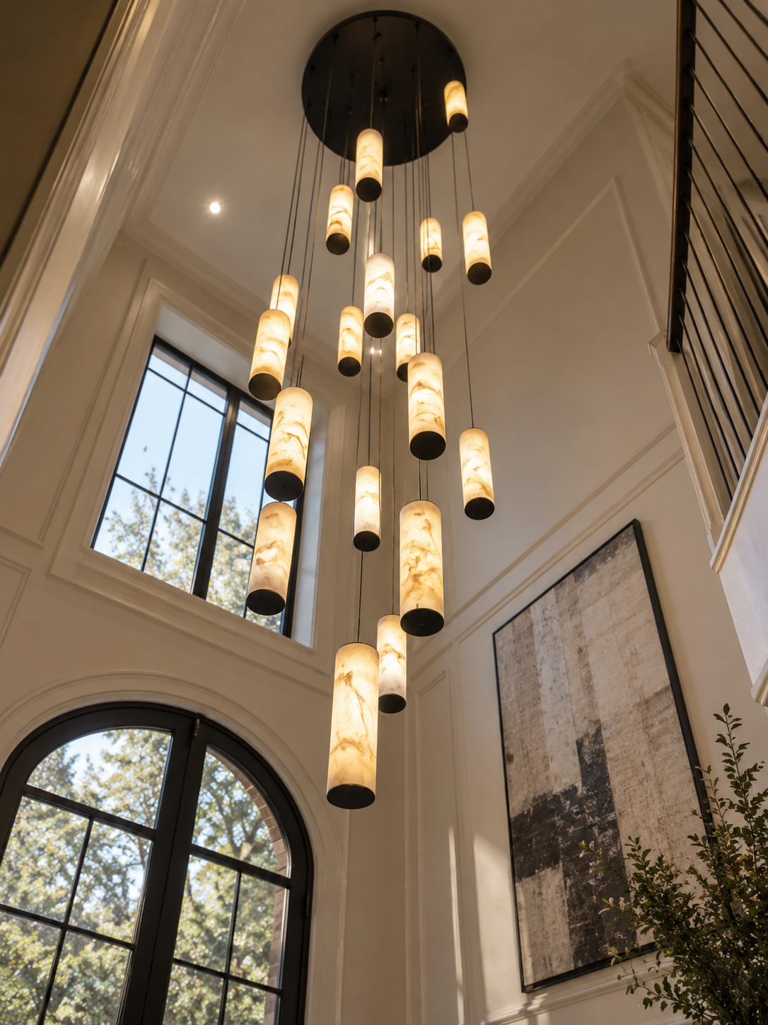 Darlen Alabaster Modern Staircase Chandelier for high ceiling spaces with vertical alabaster pendants