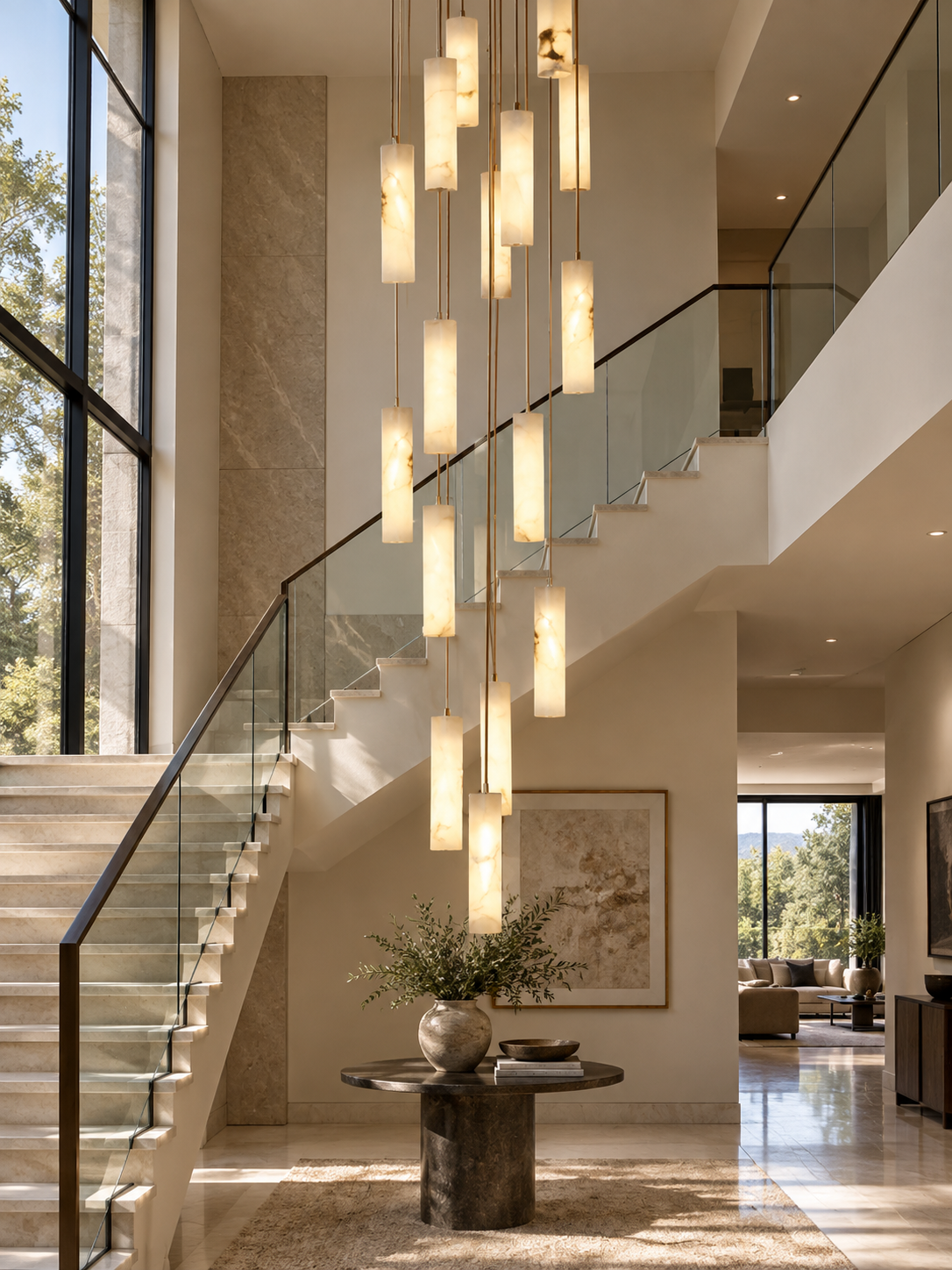 Darlen Alabaster Modern Staircase Chandelier chandelier in a tall interior