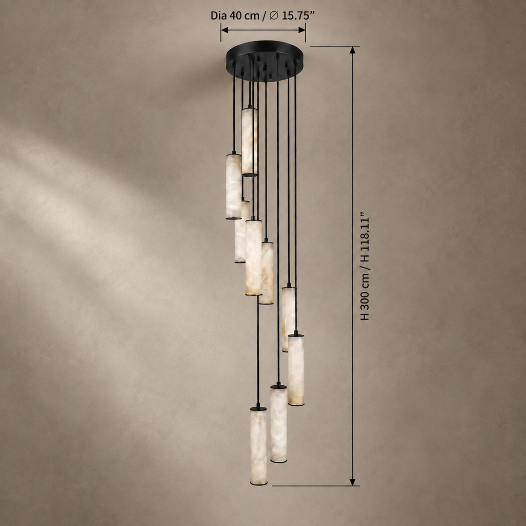 Darlen Alabaster Modern Staircase Chandelier in high ceiling living room view 05