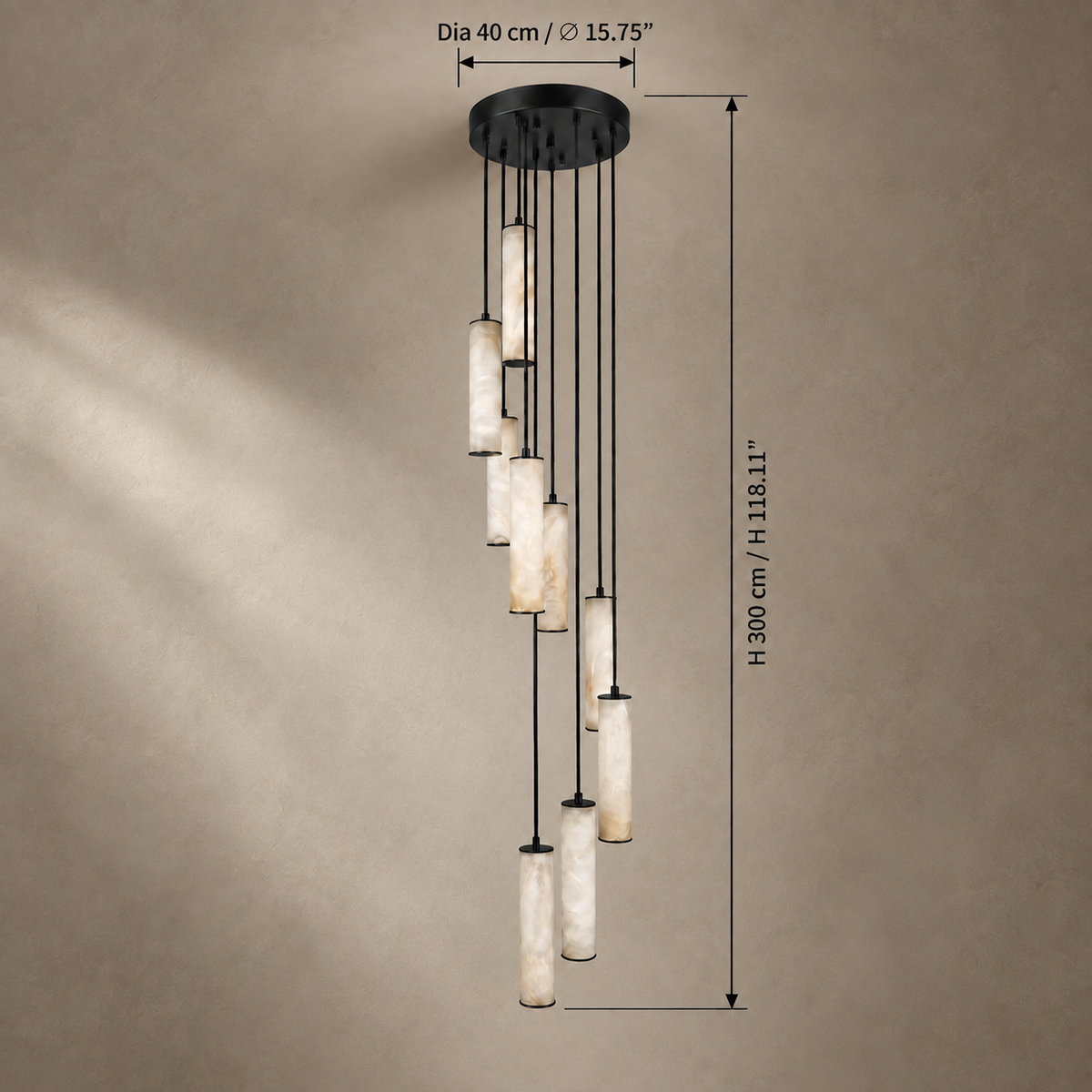 Darlen Alabaster Modern Staircase Chandelier in high ceiling living room view 05