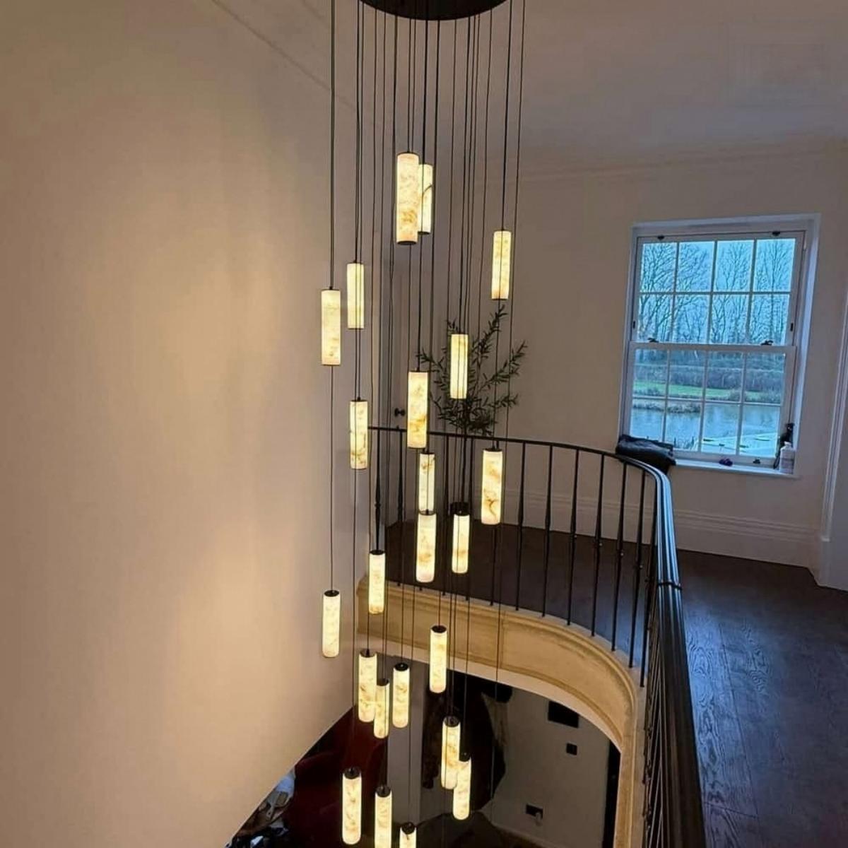Darlen Alabaster Modern Staircase Chandelier product view with suspended alabaster tubes
