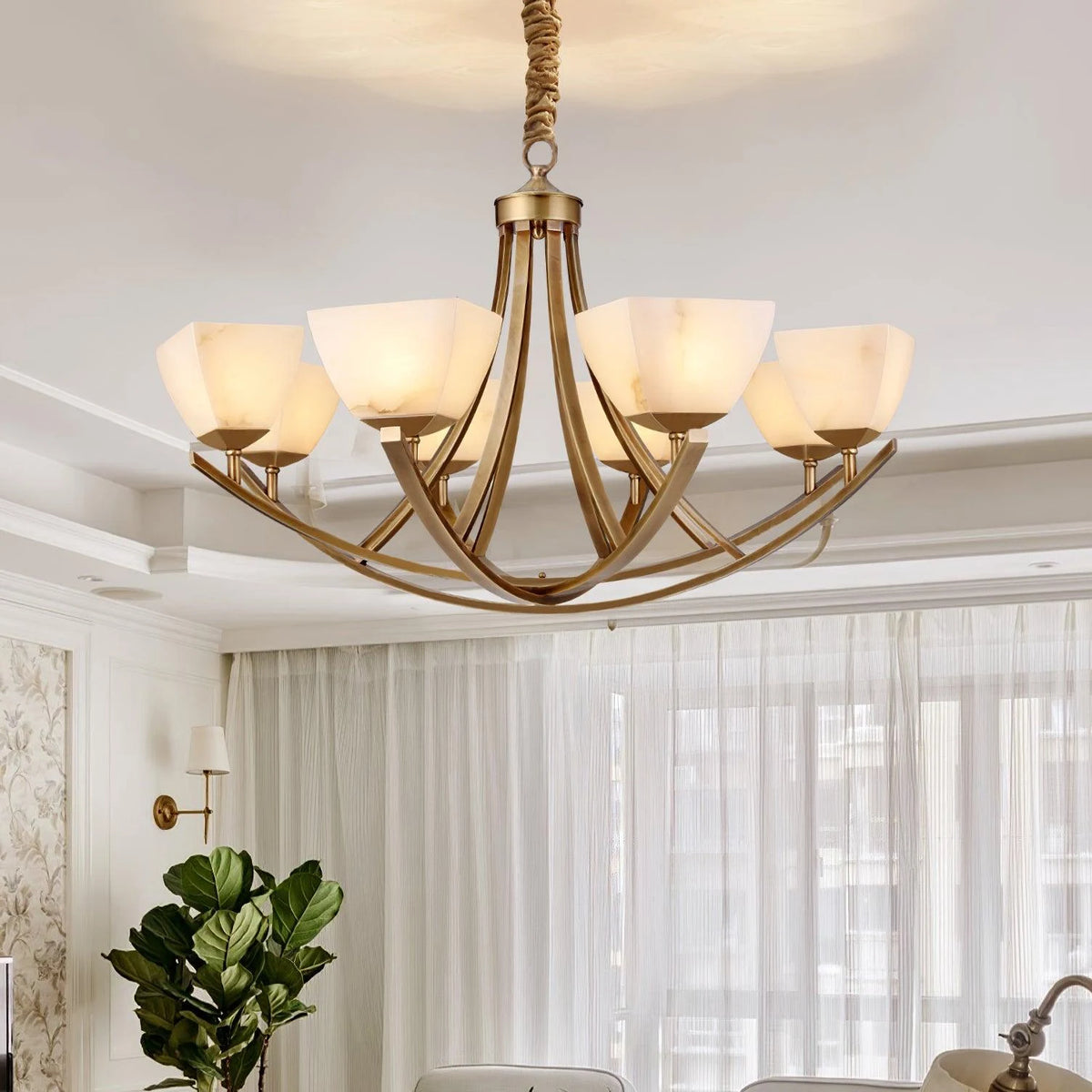 Dover Brass Chandelier with Alabaster Shades, product view 3