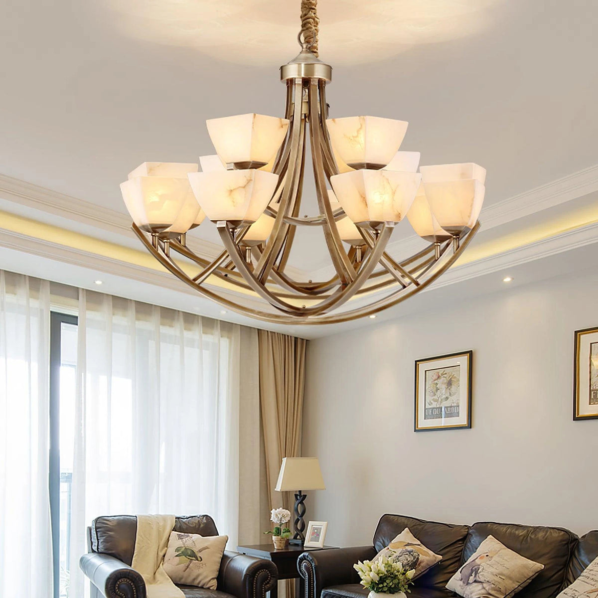 Dover Brass Chandelier with Alabaster Shades, product view 9