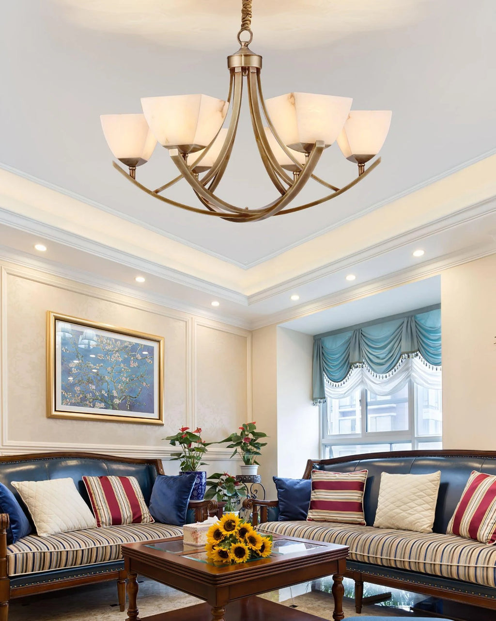 Dover Brass Chandelier with Alabaster Shades, product view 13