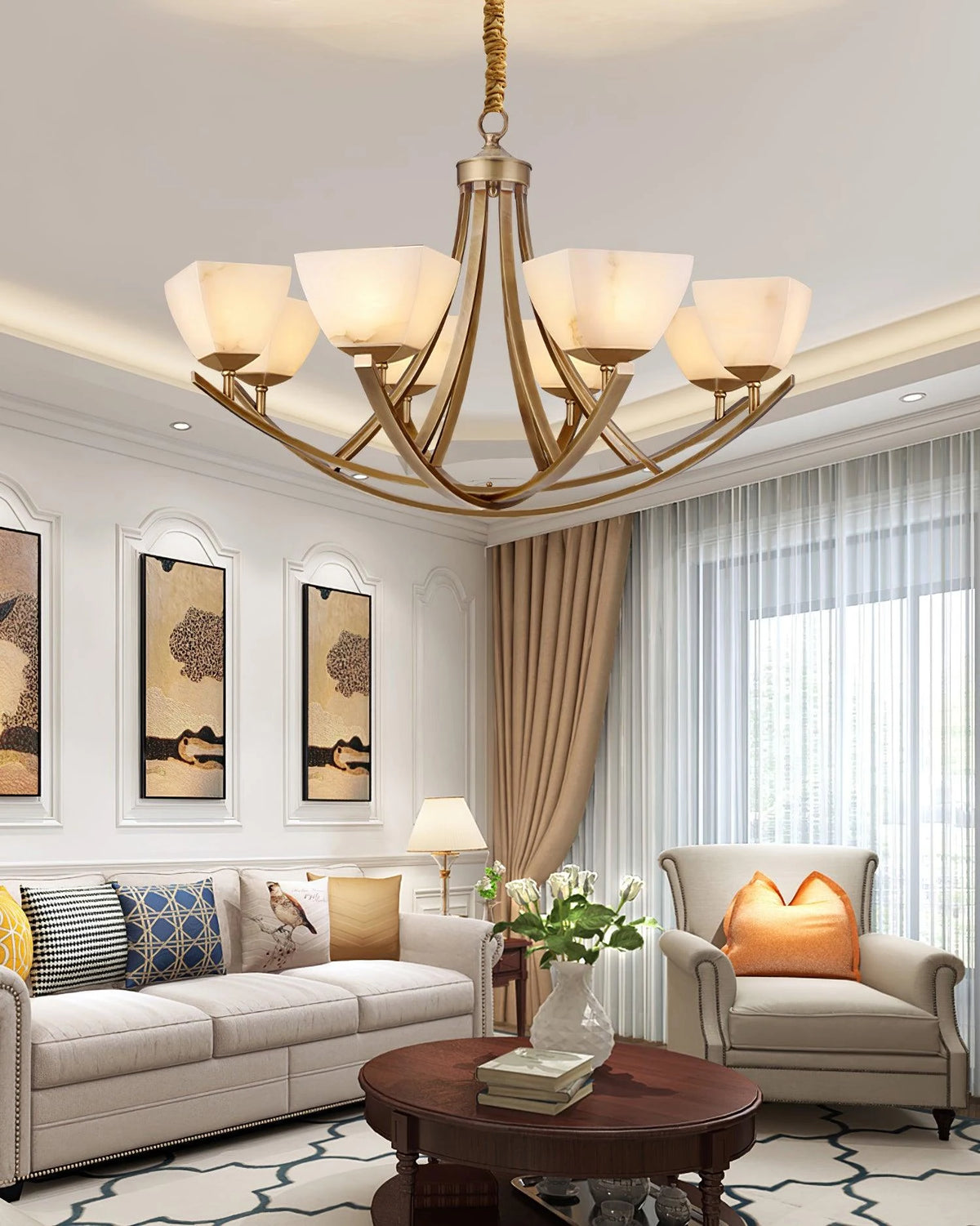Dover Brass Chandelier with Alabaster Shades, product view 16