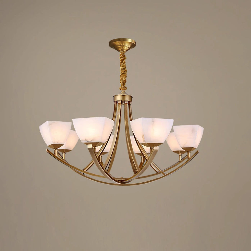 Dover Brass Chandelier with Alabaster Shades — 8 heads ∅ 37.7″ x H 22.8″/ Dia 96cm x H 58cm / Brass & White Alabaster