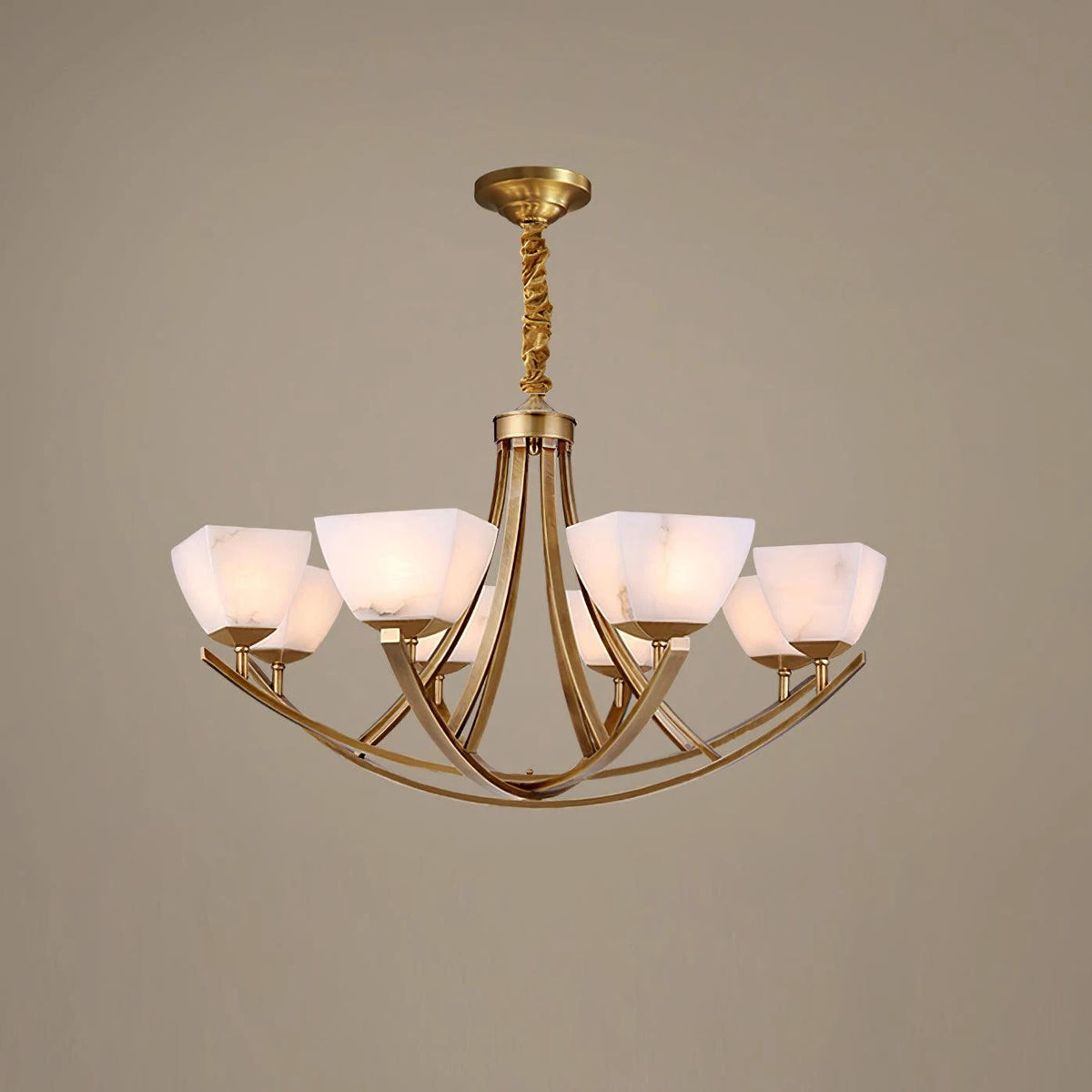 Dover Brass Chandelier with Alabaster Shades — 8 heads ∅ 37.7″ x H 22.8″/ Dia 96cm x H 58cm / Brass & White Alabaster