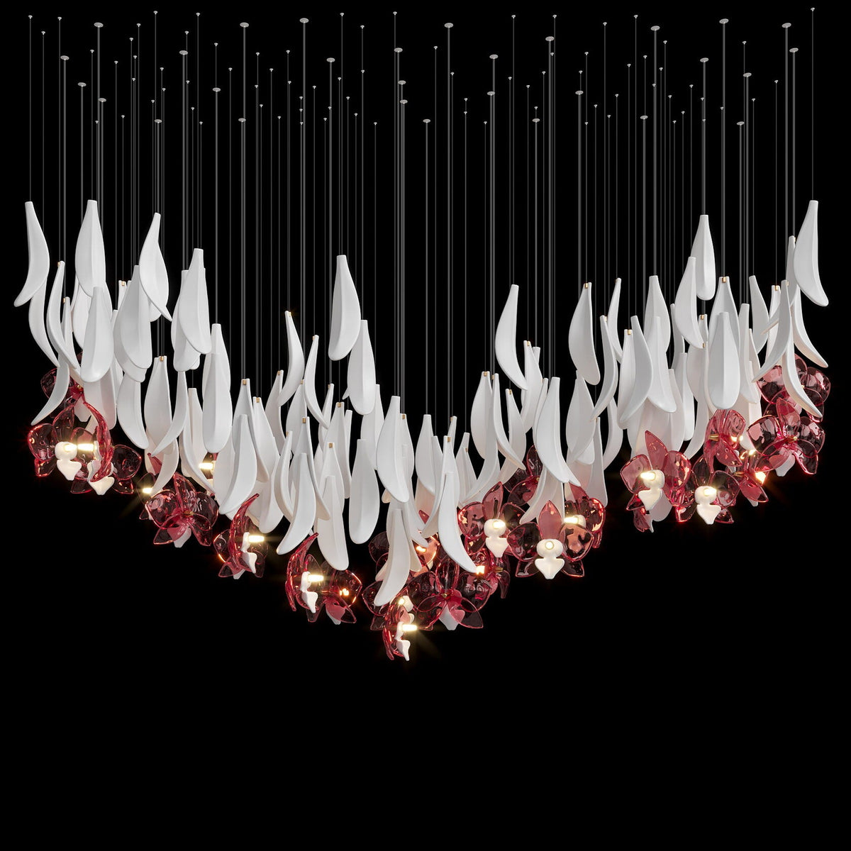 Green Orchid Cascade Chandelier chandelier in a tall interior