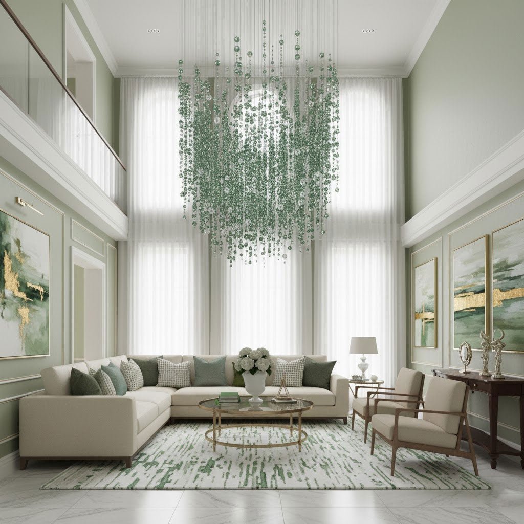 Emerald Rainfall Crystal Custom Chandelier chandelier in a tall interior
