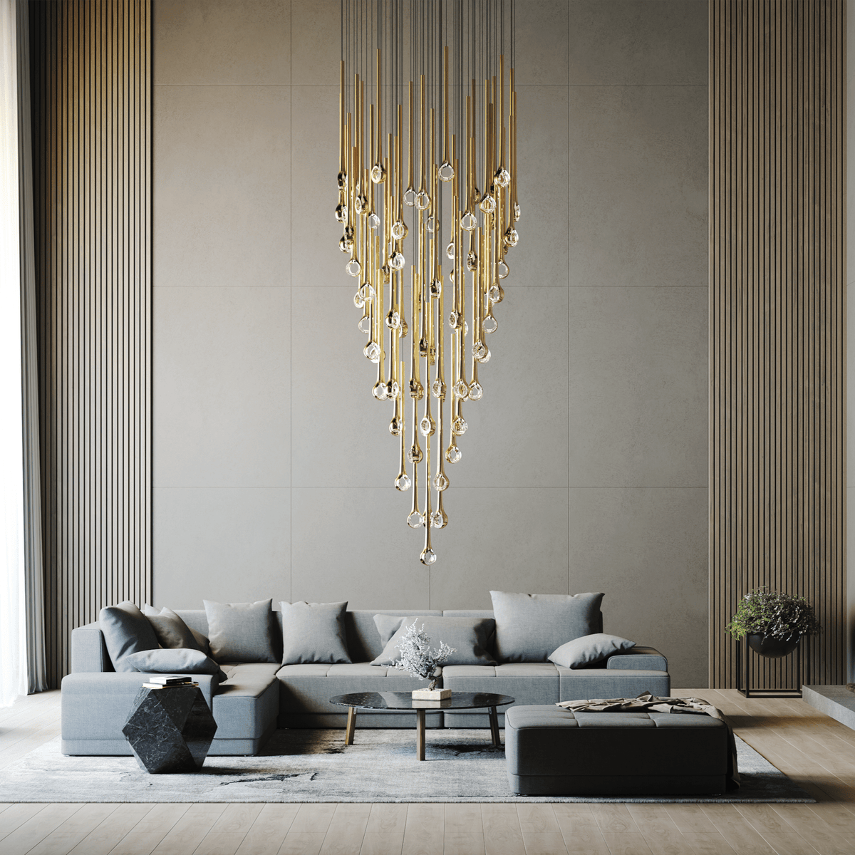 Eyelet Chandelier chandelier in a tall interior