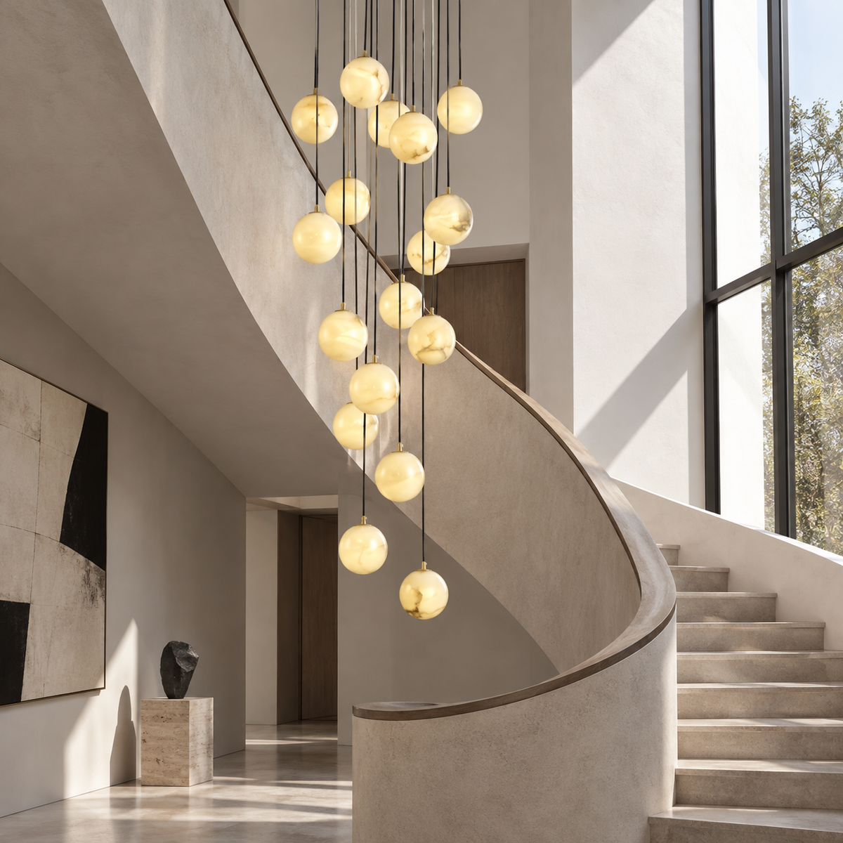 Faye Marble Bubble Chandelier in curved staircase interior