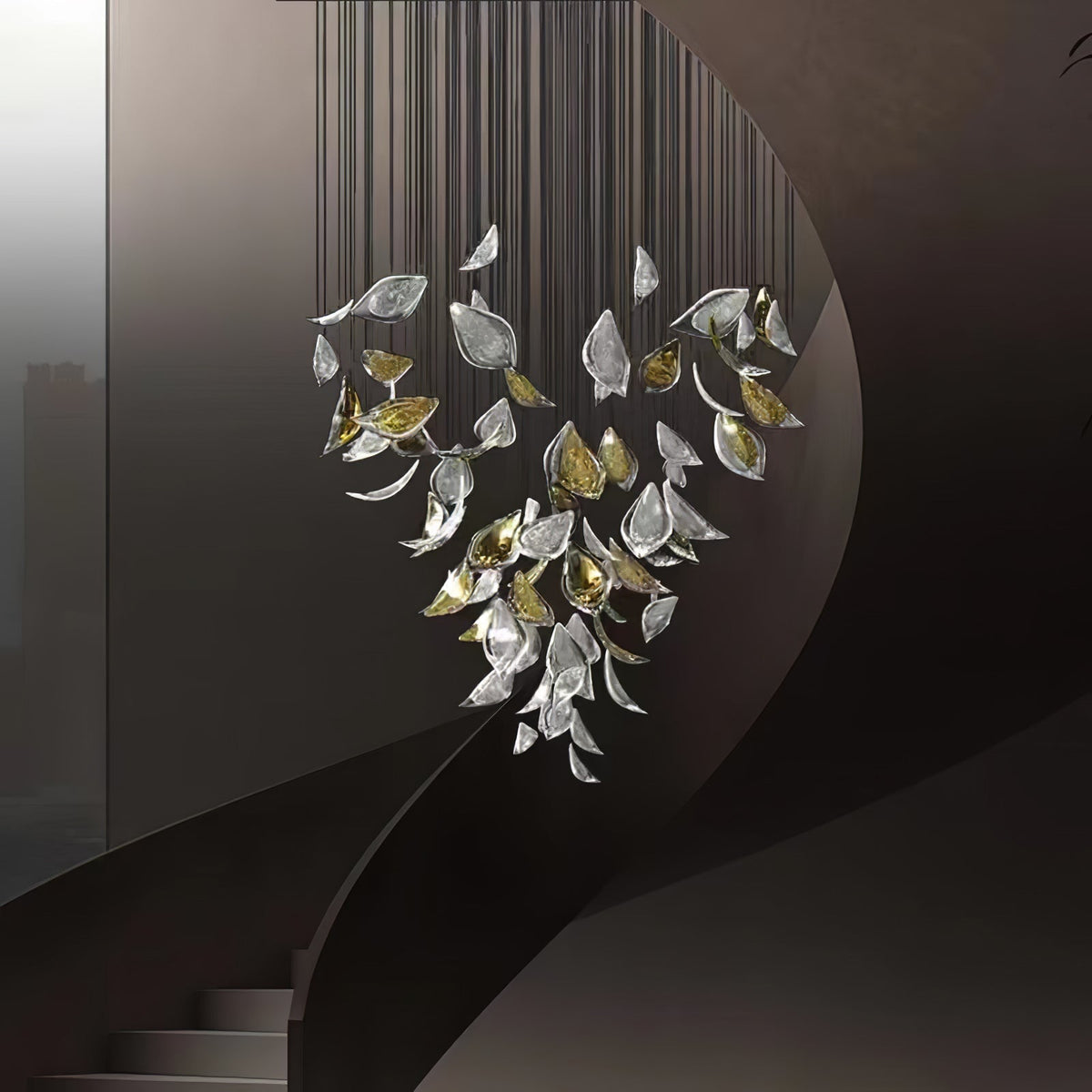 Floating Leaves Chandelier chandelier in a tall interior