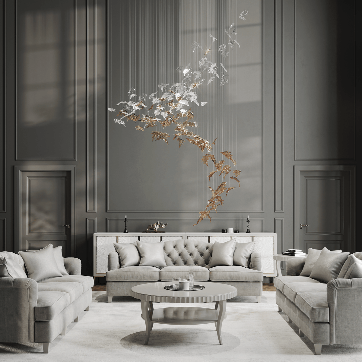 Flying Leaves Chandelier chandelier in a tall interior