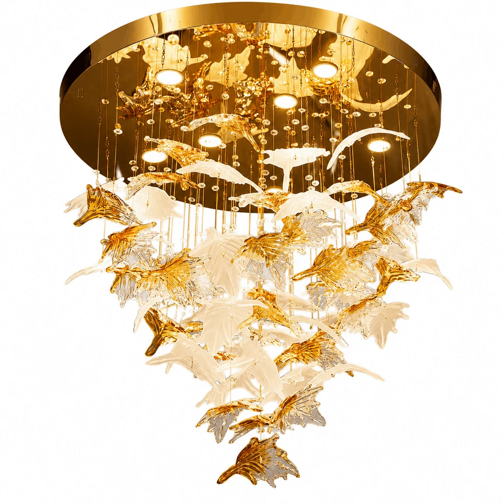 Glass Maple Leaf Hanging Light for Staircase product view with gold canopy and cascading glass maple leaves