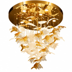 Glass Maple Leaf Hanging Light for Staircase product view with gold canopy and cascading glass maple leaves