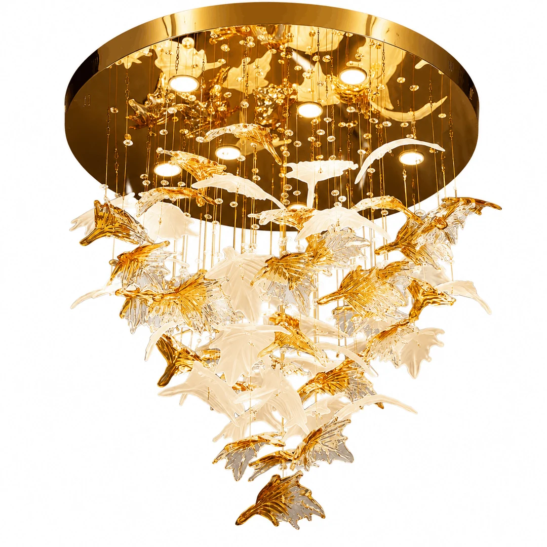 Glass Maple Leaf Hanging Light for Staircase product view with gold canopy and cascading glass maple leaves